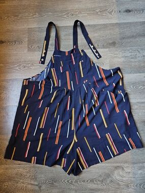 OLRIK Plus Size 3X Navy Multicolor Stripe Print Shortall Romper w/ Pockets